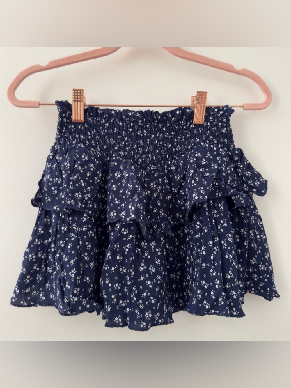 KatieJNYC Tween Floral Mini Ruffle Skirt Blue White Size Large L 12 Smocked